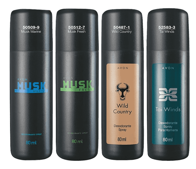 Avon Desodorante Spray Masculino Musk Fresh, Musk Marine, Tai Winds e Wild Country 80 ml